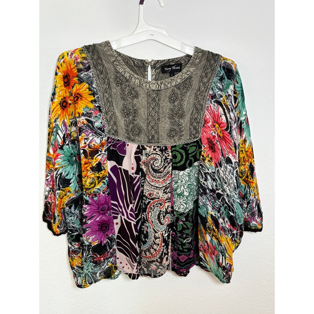 Young Threads Boho Patchwork Embroidered Blouse Large Floral Paisley Mixed Print